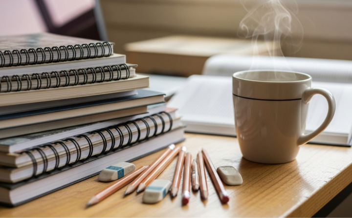Stacked books and pencils on a desk with a steaming beverage mug